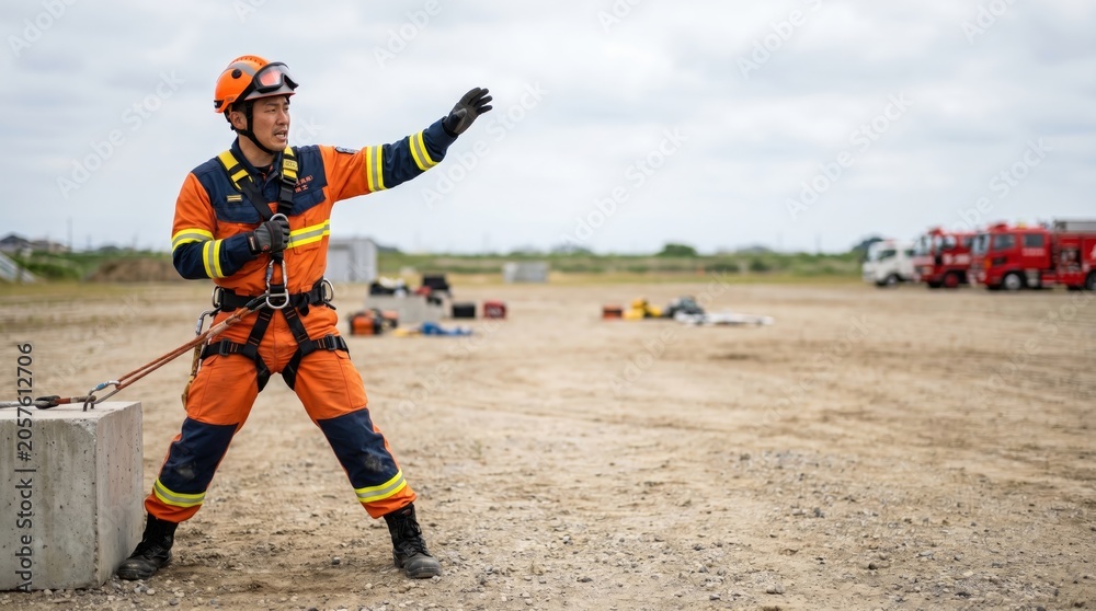 Obraz premium Emergency Responder in Safety Gear Directing Team during Training Drill at Outdoor Location