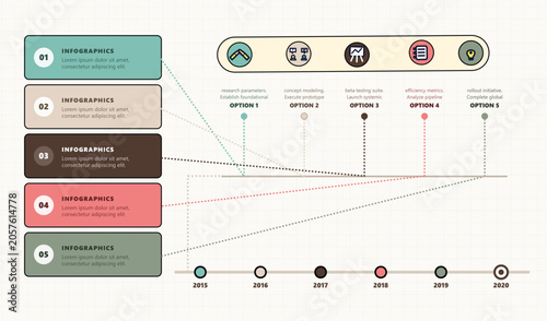 Schilderij op canvas Infographic flow chart with interconnected nodes and colorful lines in clean min