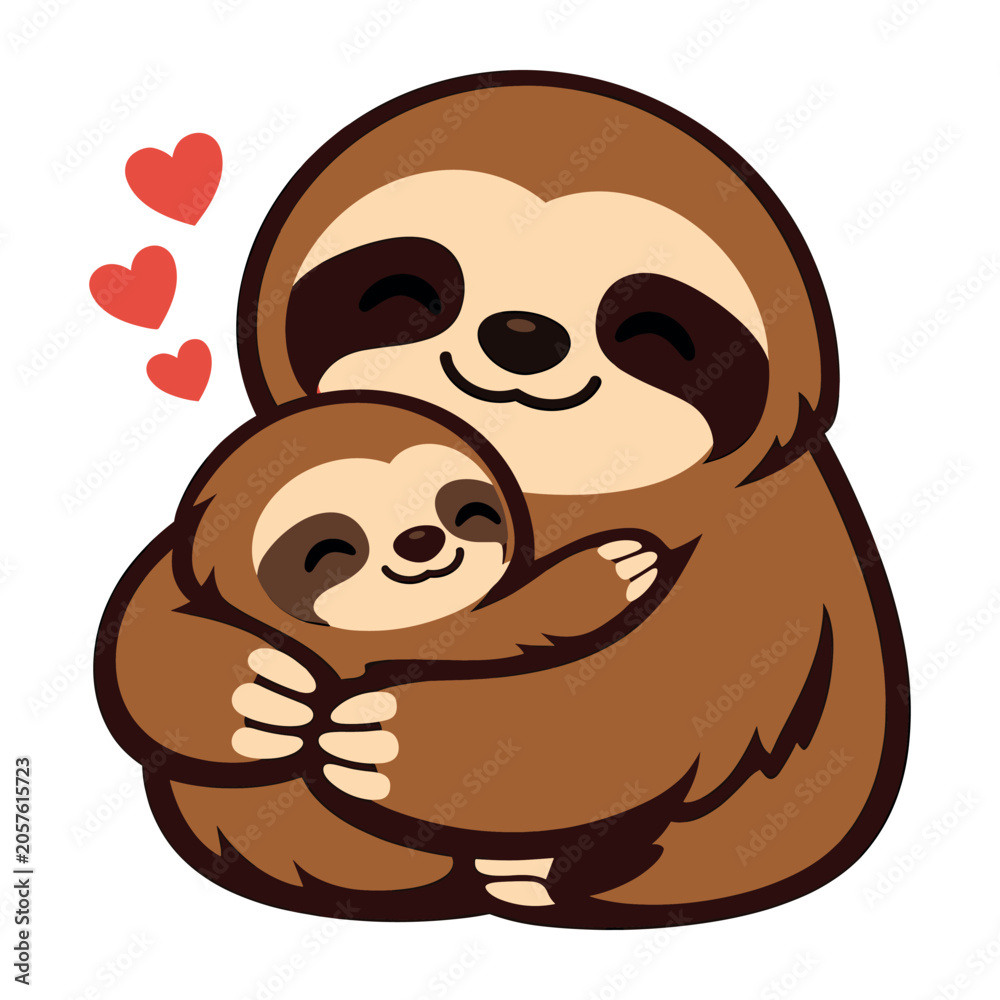 Fototapeta premium Sloth mother embracing baby sloth with affection. Smiling cartoon animal characters illustrating family love, care, and a strong bond