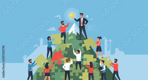The boss guides employees on a productive day to complete a large puzzle together.