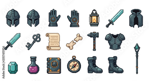 Photos A collection of fantasy RPG game icons featuring various equipment like armor, weapons, potions, and tools in a clean, hand-drawn vector style