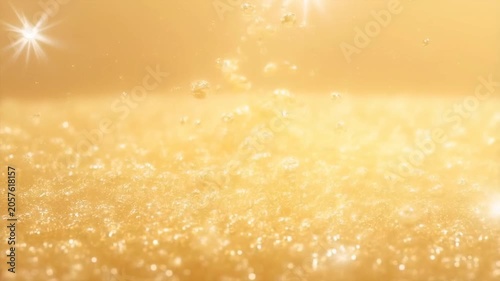 Sparkling golden liquid pouring with bubbling effervescence and shimmering glow