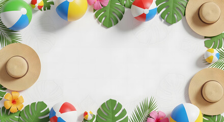 Tropical Summer Frame with Beach Balls Straw Hats and Monstera Leaves