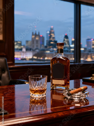 Sophisticated luxury lifestyle scene featuring aged whiskey decanter glass and lit cigar on polished wooden desk against panoramic illuminated city skyline window.