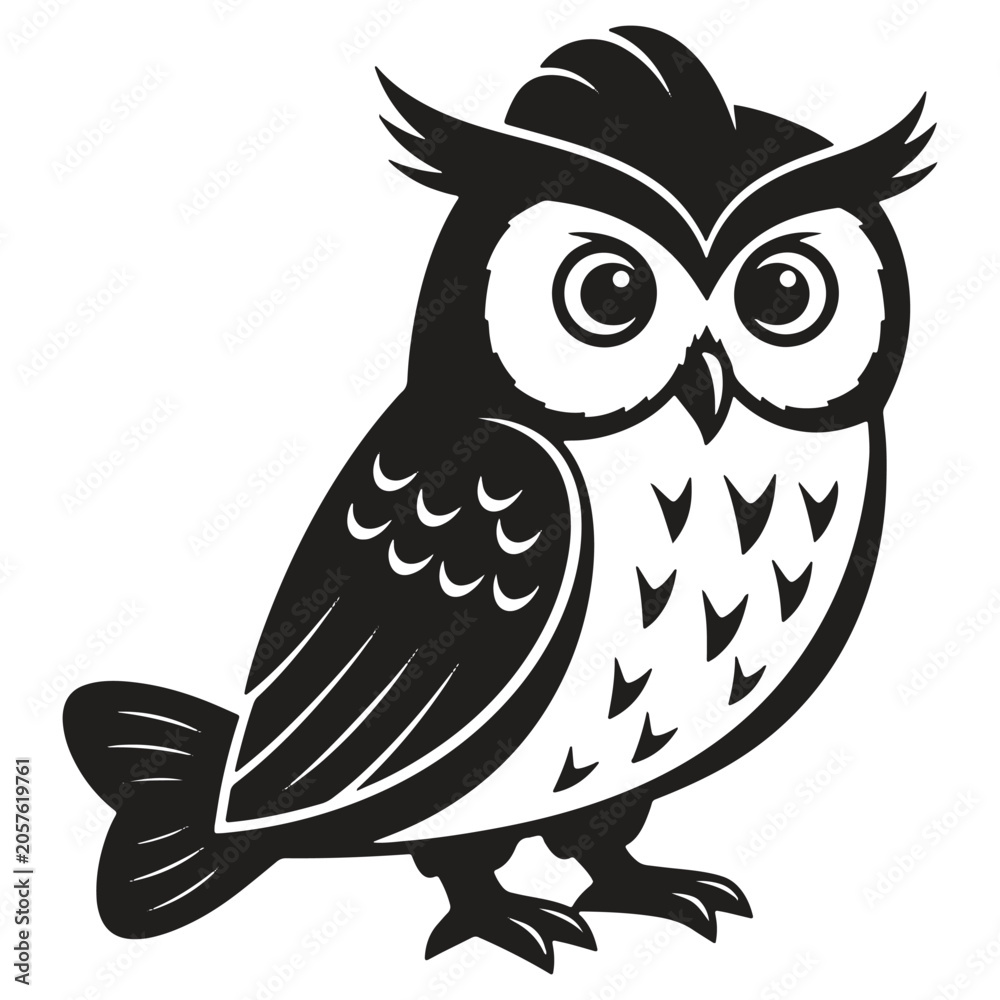 Fototapeta premium Stylized black and white illustration of a cartoon owl with big eyes and feathers standing on its feet and looking to the side
