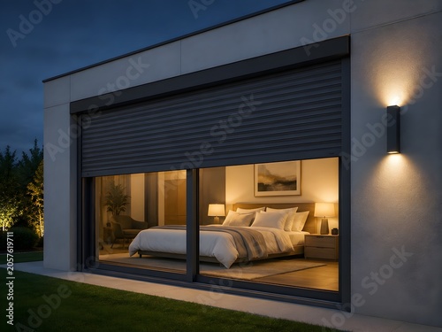 Modern home exterior with roller shutter security system, contemporary bedroom visible through large glass window at dusk with warm ambient lighting, residential architecture and smart living