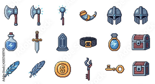 Cuadro en lienzo A collection of pixel art fantasy RPG game icons featuring weapons, armor, potions, treasures, and quest items on a white background