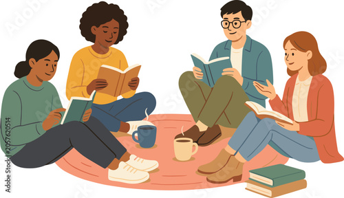 Four people sitting on a pink mat reading books together