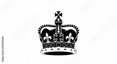 A black and white silhouette of a royal crown, detailed with jewels and ornate crests