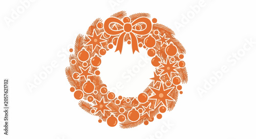 Orange Christmas wreath with pine needles, baubles and star ornaments, topped with a bow