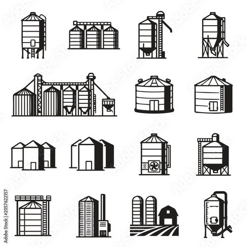 Set of agricultural grain silo and storage facility icons with agriculture