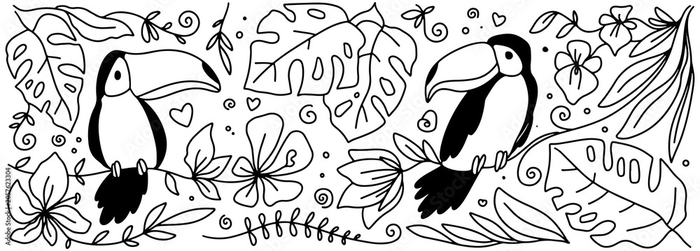 Obraz premium Vector illustration template for a mug with tropical plants and animals, including a toucan bird