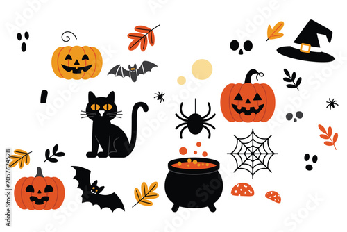 Halloween set with pumpkins, black cat, witch hat, and spiders