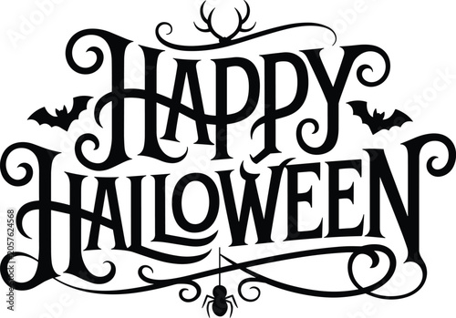 Happy halloween typography with bats, spider, and swirls