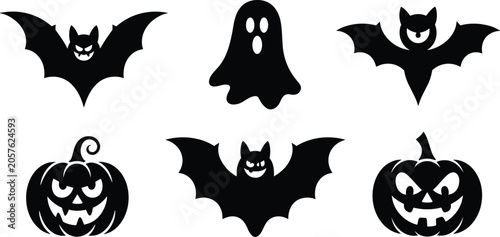Halloween set with black silhouettes of bats, pumpkins, and a ghost