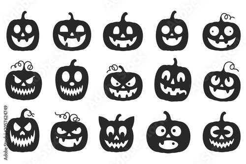Set of fifteen black silhouette jack-o'-lantern for halloween