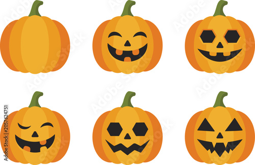 Set of six orange pumpkins with various jack-o'-lantern faces