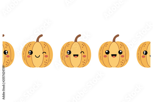 Seamless border pattern of cute kawaii pumpkins with different facial expressions