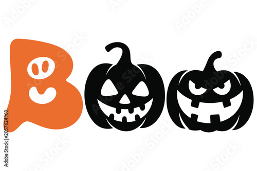 Boo text with orange letter b and two black jack-o'-lantern pumpkins