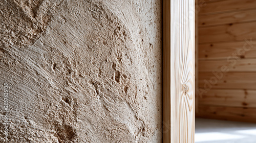 Rough clay plaster wall surface with handcrafted texture beside a light wooden door frame, highlighting natural materials and sustainable architecture in an interior space