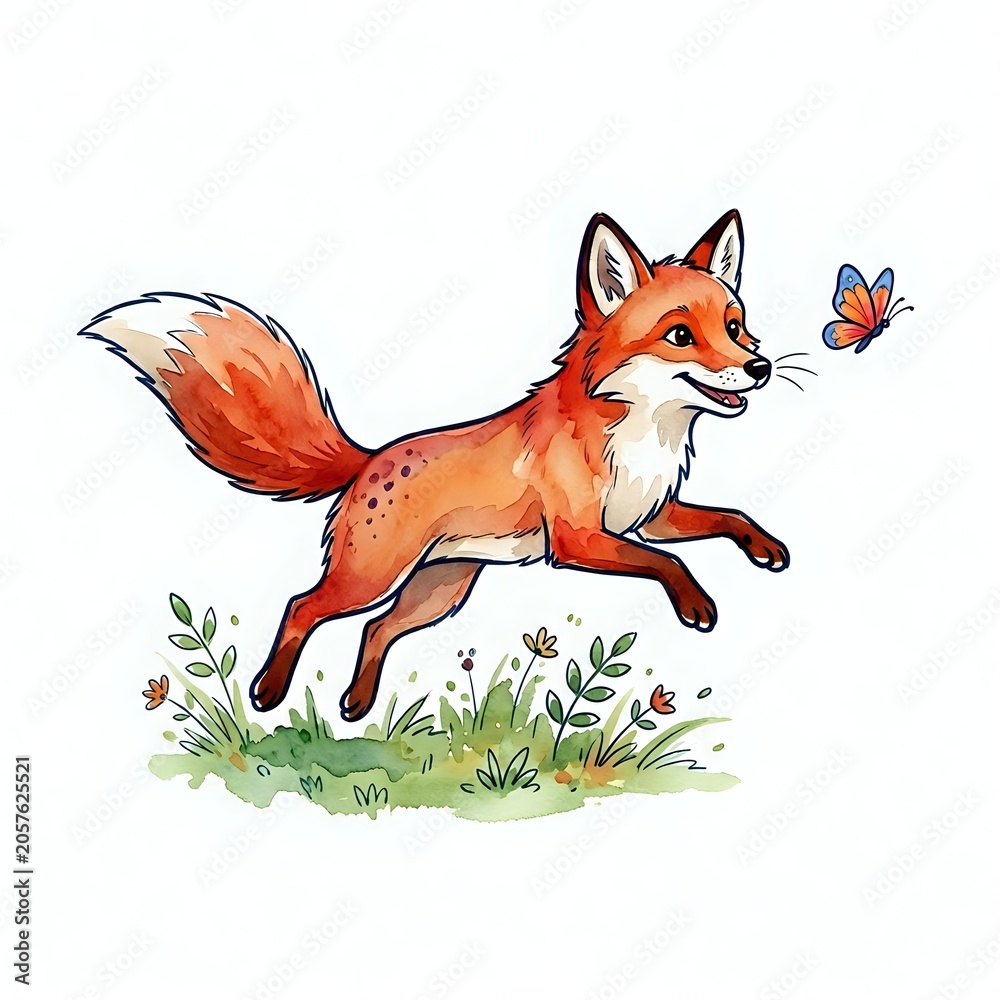 Fototapeta premium Playful red fox with fluffy tail chasing butterfly over grass and wildflowers, isolated on white background for children's designs, nursery decor, and apparel.