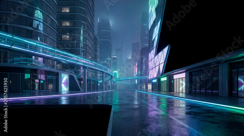 Empty neon wet street in cyberpunk futuristic city at night