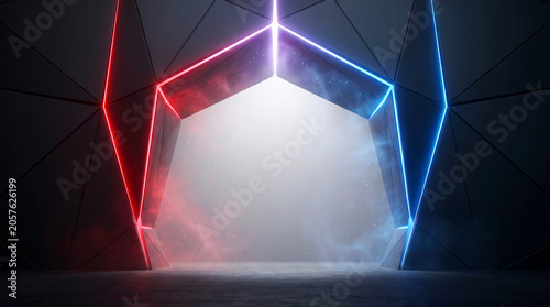 Neon lit pentagonal archway with red and blue lights in a dark room