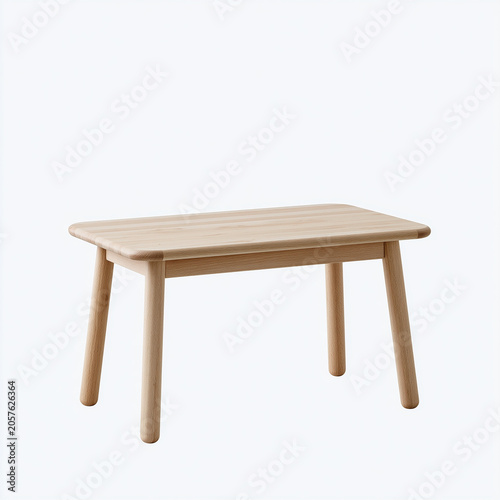 A small wooden table for children stands alone against a clean white background in a bright studio setting