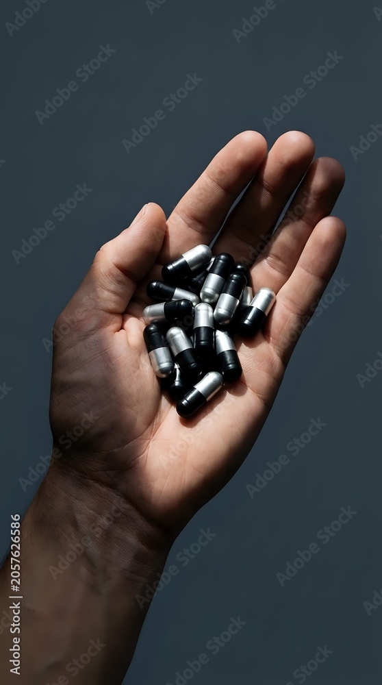 Fototapeta premium Male hand holding ammunition bullets against neutral background, suitable for security, law enforcement, and editorial content.