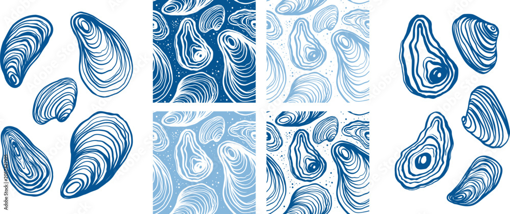 Fototapeta premium Hand drawn vector line art elements and seamless patterns featuring fresh seafood oysters and clams