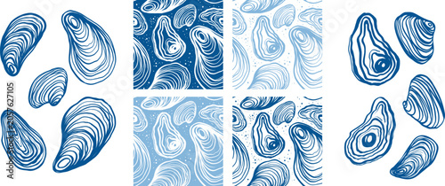 Hand drawn vector line art elements and seamless patterns featuring fresh seafood oysters and clams