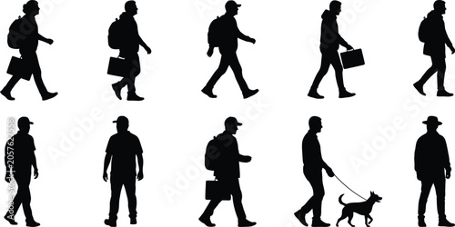 Foto Men backpacks walking dog silhouette