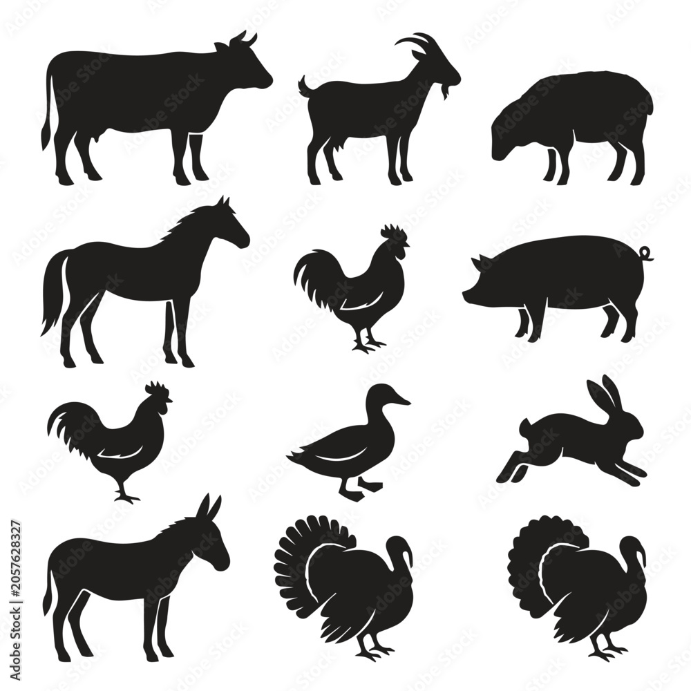 Obraz premium Farm livestock and poultry silhouette icons with livestock, silhouettes