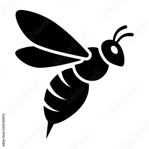 Minimalist honey bee vector icon, black silhouette of a flying bumblebee, stylized wasp or hornet insect graphic for organic branding and logo design