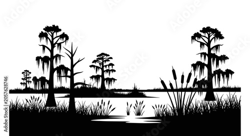 Black and white swamp landscape with trees and water.
