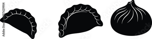 Fotografie Dumpling dim sum gyoza and khinkali solid silhouette vector illustration set with various traditional Asian food icons for restaurant menu design