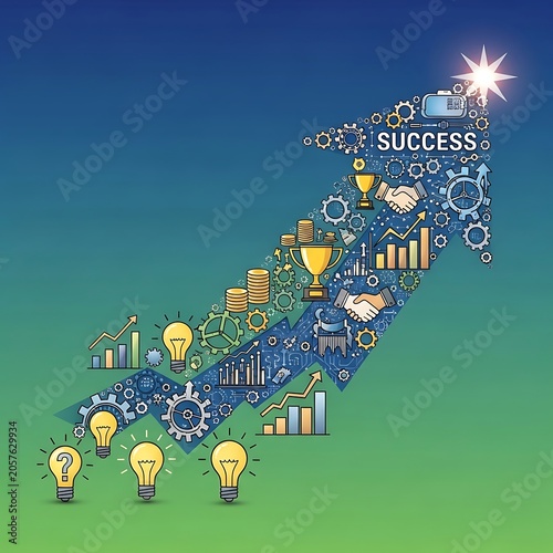 Colorful lightbulb success concept with gears and tools.