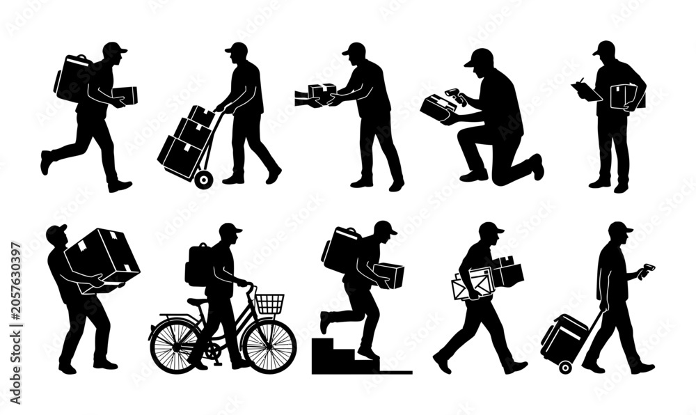 Obraz premium Collection of Delivery Courier Service Silhouettes Showing Professional Workers Carrying Packages and Shipping Logistics Icons