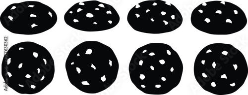 Chocolate chip cookie biscuit top and side view solid silhouette vector illustration set for sweet bakery food packaging graphic design.