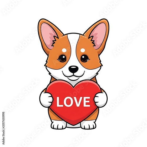 Cute cartoon dog wearing heart shaped collar with love sign.