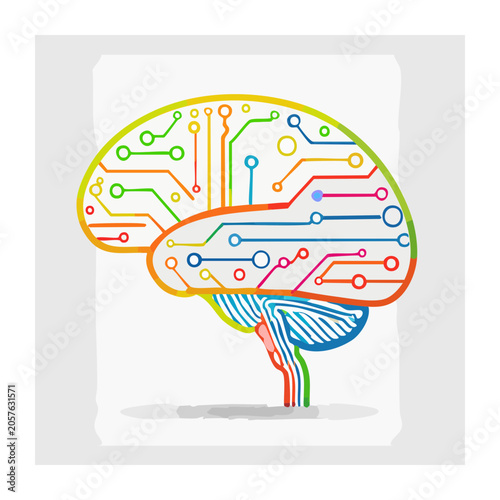 Flat vector illustration of brain with neural network