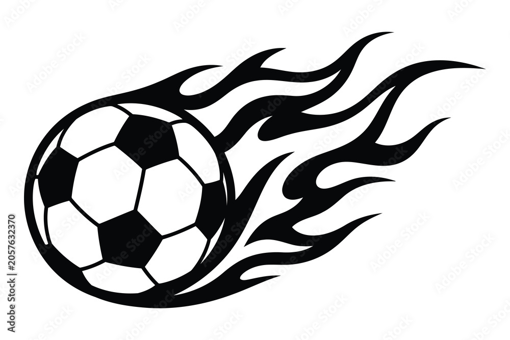 Fototapeta premium Black and white soccer ball with burning fire flames icon Vector