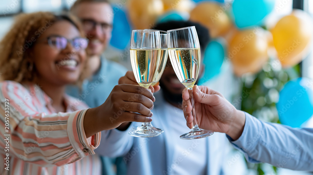 Obraz premium Anonymous colleagues from different departments celebrating a company milestone anniversary with a group toast in a decorated office, corporate culture and team celebration