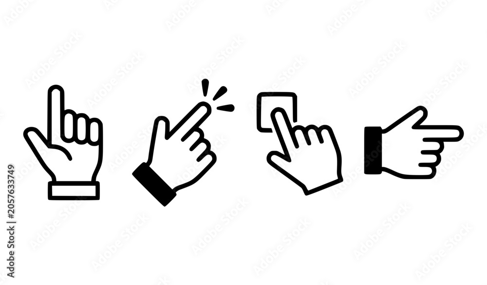 Fototapeta premium Hand Click Pointer and Touch Screen Gesture Icon Set Featuring Pointing, Clicking, Pressing Buttons, and Interacting Symbols for Mobile UI and Web Designs
