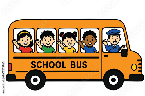 Happy children riding in a yellow school bus with driver Vector