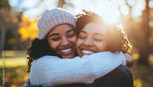 Best friends reuniting after many years apart, emotional happiness