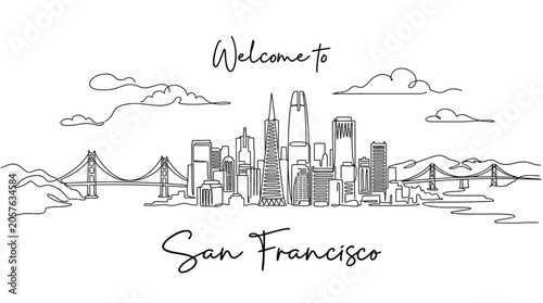 San Francisco Skyline Line Art Illustration - Cityscape, Golden Gate Bridge
