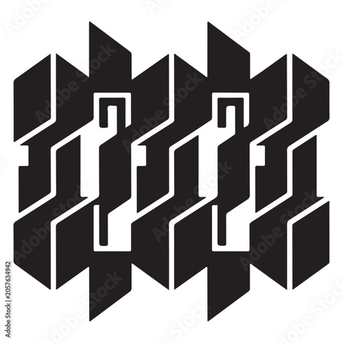 Abstract geometric seamless pattern design with bold dark shapes and stylized repeating elements on white background