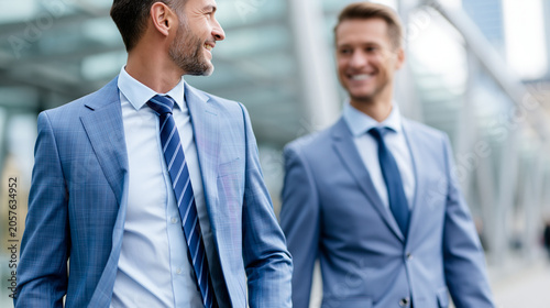 Two anonymous businessmen walking and smiling outside a modern glass building, collegial friendship and professional networking concept, faceless, defocused, with copy space