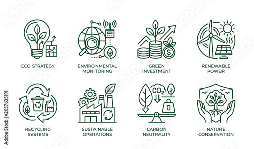 Foto Sustainability and Green Business Line Icon Set with Eco Strategy and Renewable